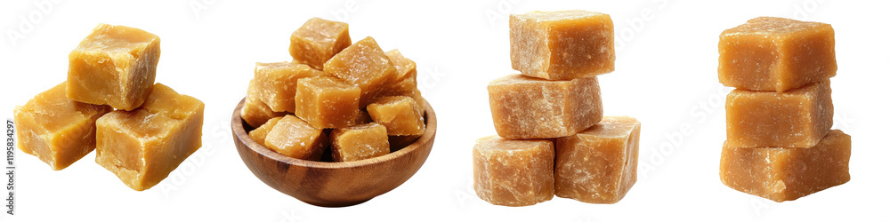 Jaggery – A sweetener made from sugarcane juice, commonly consumed during Lohri as a treat. Isolated on Clear White Background Highly Detailed Jaggery – A sweetener made from sugarcane juice, commonly consumed during Lohri as a treat. Isolated on Clear White Background Highly Detailed