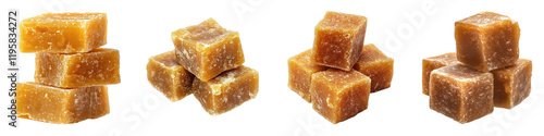 Jaggery block – Unrefined sugar, commonly used in the preparation of sweets like Pongal. Isolated on Clear White Background Highly Detailed