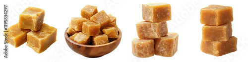 Jaggery – A sweetener made from sugarcane juice, commonly consumed during Lohri as a treat. Isolated on Clear White Background Highly Detailed