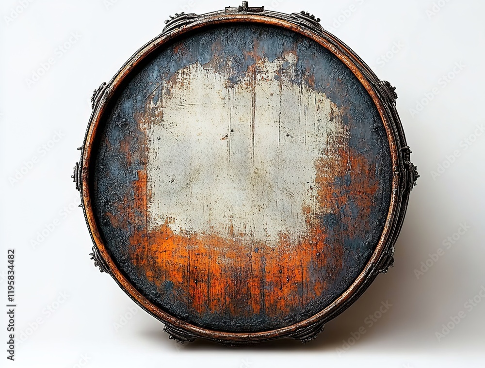 A large drum with an old, worn surface and metal rims on the front view. A large drum with an old, worn surface and metal rims on the front view.