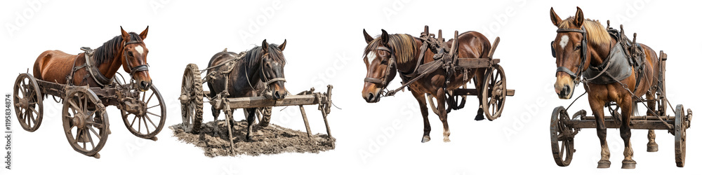 Horse-drawn plough – A plough pulled by horses, used before the widespread use of tractors. Isolated on Clear White Background Highly Detailed Horse-drawn plough – A plough pulled by horses, used before the widespread use of tractors. Isolated on Clear White Background Highly Detailed