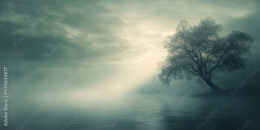 Fototapeta premium A tranquil scene features a lone tree standing near a still water body, shrouded in mist with gentle light illuminating the horizon during dawn