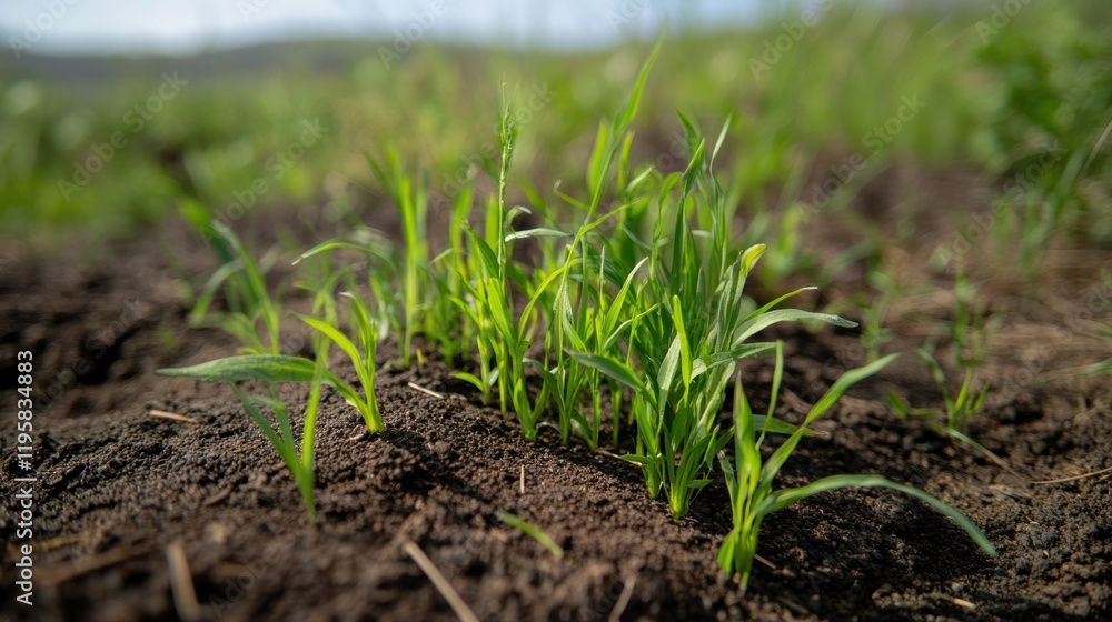 Young green seedlings sprouting from dark soil Young green seedlings sprouting from dark soil
