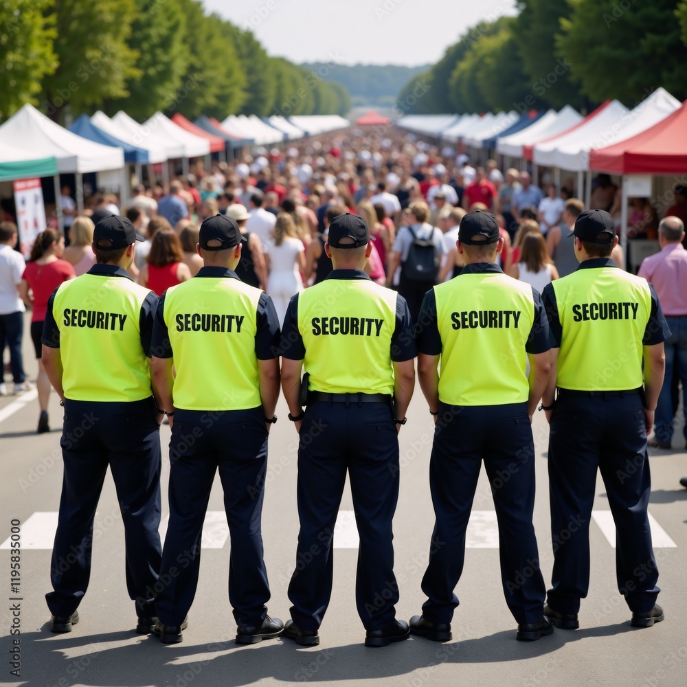 A group of security personnel identified by their yellow vests labeled SECURITY monitor a bustling community gathering