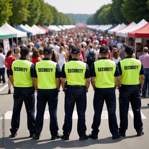 Obraz na płótnie A group of security personnel identified by their yellow vests labeled SECURITY monitor a bustling community gathering w salonie
