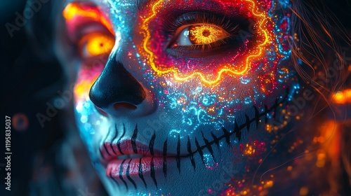 Surreal Aura: Sugar Skull Woman with Neon Flames and Vivid Colors, ネオンの炎と鮮やかな色合いのシュガースカルの女性の超現実的なオーラ.Generative AI photo