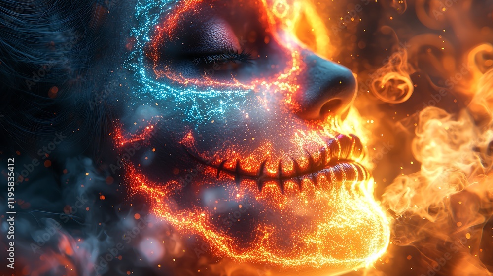 Fototapeta premium Neon Sugar Skull: Glowing Patterns with Dark Blue and Orange Effects, ダークブルーとオレンジの光効果で輝くネオンシュガースカルメイク.Generative AI