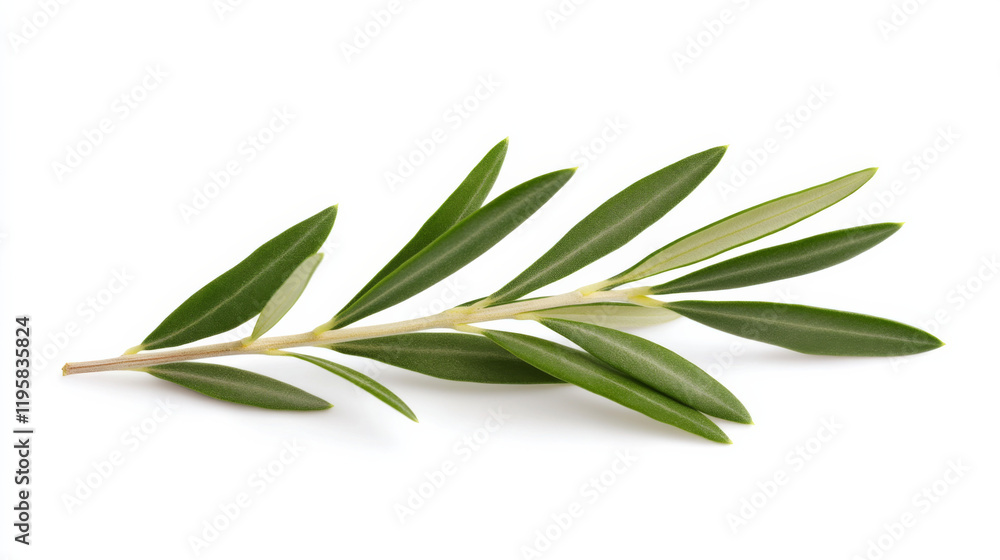 Fresh olive branch with vibrant green leaves arranged on white background Fresh olive branch with vibrant green leaves arranged on white background