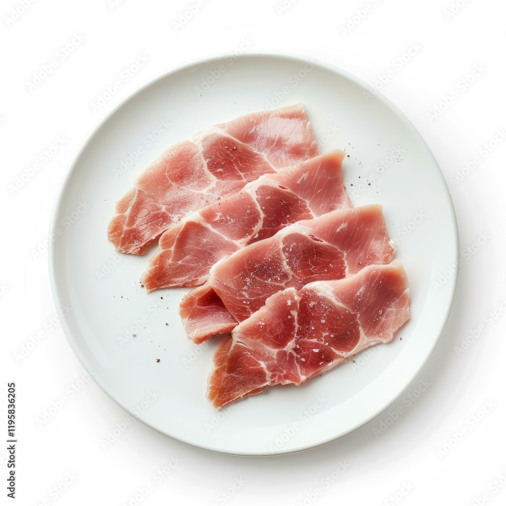 Thin slices of coppa seasoned with salt and pepper on a white plate, isolated on a white background, ready to be enjoyed Thin slices of coppa seasoned with salt and pepper on a white plate, isolated on a white background, ready to be enjoyed