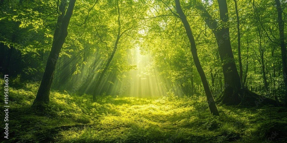 Obraz premium Sunlight streams through the vibrant green leaves of a dense forest, illuminating the ground and creating a tranquil atmosphere in the early afternoon