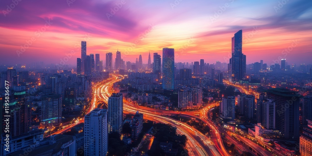 Fototapeta premium The skyline glows at dusk with skyscrapers reflecting vivid sunset colors while busy highways shimmer with the light of moving vehicles