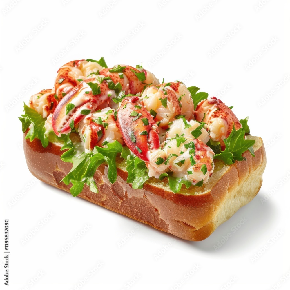 A gourmet lobster roll with buttered brioche bun, isolated white background, hyperrealism art style A gourmet lobster roll with buttered brioche bun, isolated white background, hyperrealism art style
