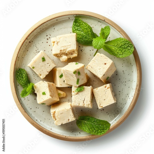 Delicious tofu cubes seasoned with herbs and garnished with fresh mint leaves, served on a ceramic plate photo