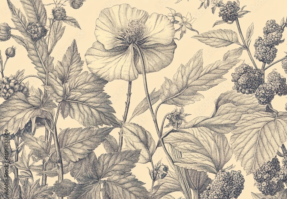 custom made wallpaper toronto digitalVintage botanical illustration with detailed line work