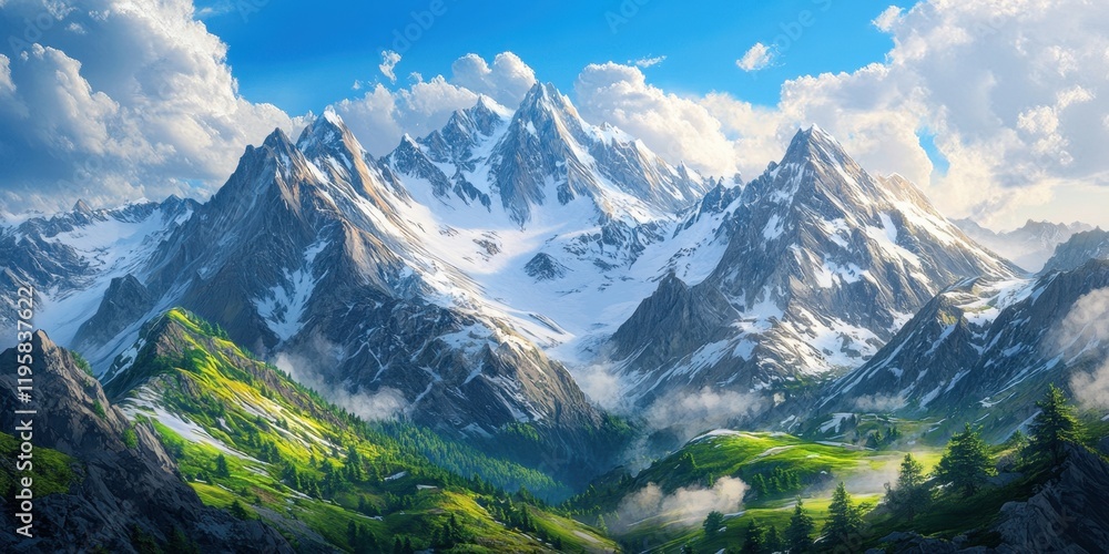 Fototapeta premium Majestic mountains rise against a bright blue sky, with lush green valleys and patches of snow, creating a picturesque and peaceful wilderness setting