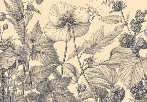 Wallpaper Mural Vintage botanical illustration with detailed line work Torontodigital.ca