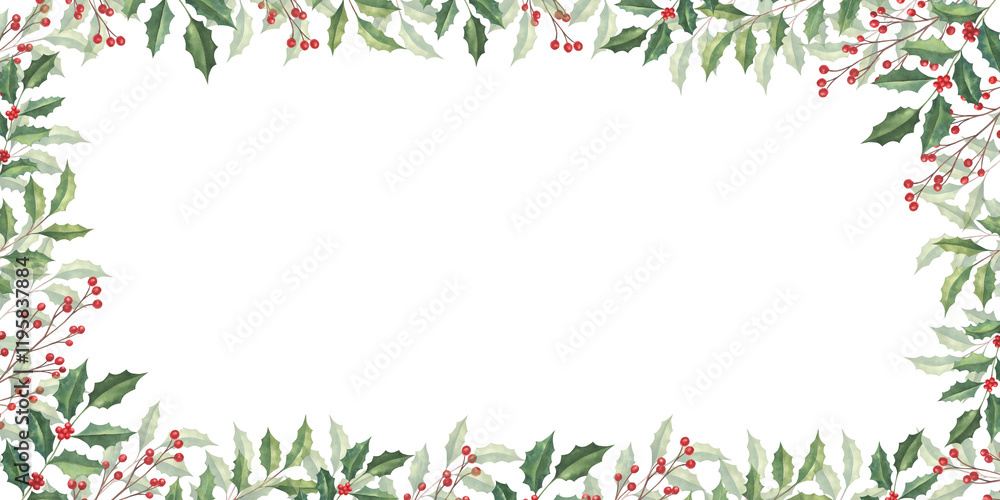 Watercolor hand drawn frame with holly and red berries. Watercolor hand drawn frame with holly and red berries.