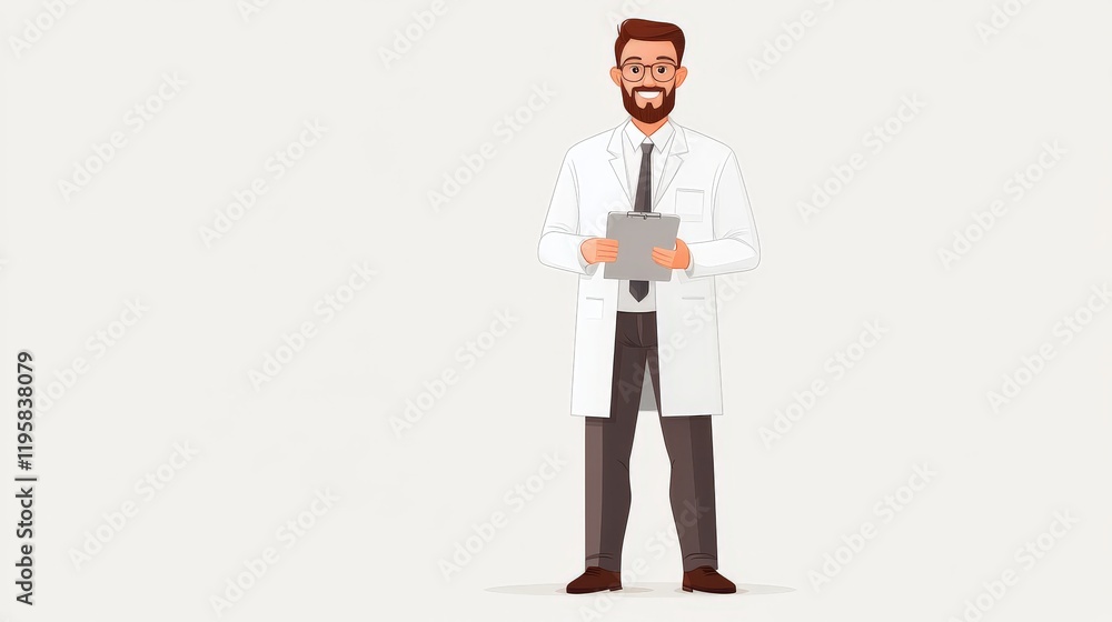 Professional illustration of a confident male scientist holding a clipboard with a clean white backdrop symbolizing expertise innovation and modern medical or scientific research Professional illustration of a confident male scientist holding a clipboard with a clean white backdrop symbolizing expertise innovation and modern medical or scientific research