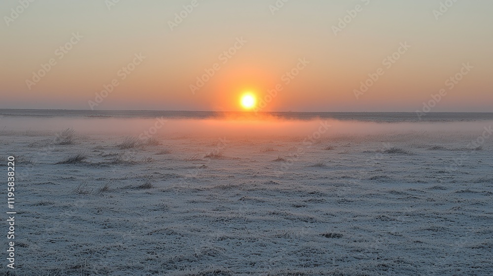 Fototapeta premium Frosty Field Sunrise Winter Landscape Scene