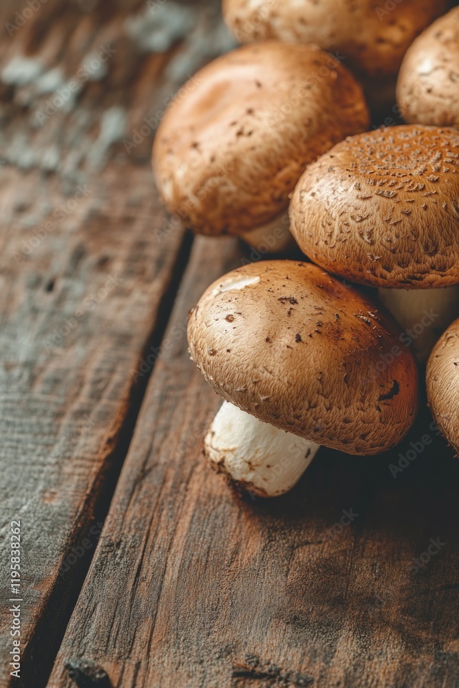 A close-up image of fresh, gourmet mushrooms arranged on a wooden table with shallow depth of field. A close-up image of fresh, gourmet mushrooms arranged on a wooden table with shallow depth of field.