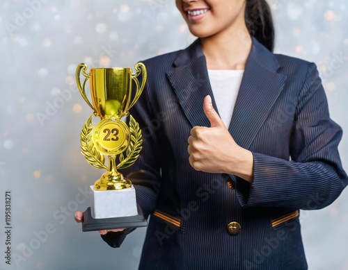 Femme Élégante en Costume Tenant un Trophée Doré Numéroté et Levant le Pouce sur un Fond Neutre photo