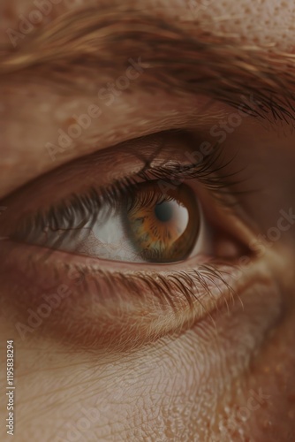 A close-up view of a human eye, focusing on the details like the iris and pupil. The skin texture around the eye socket is also visible. photo