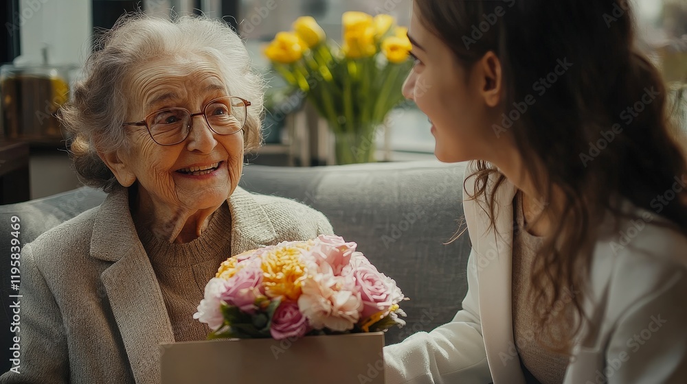 A heartfelt scene featuring a mother and daughter exchanging a bouquet of flowers and a gift, expressing love and gratitude in a bright, cozy room. A heartfelt scene featuring a mother and daughter exchanging a bouquet of flowers and a gift, expressing love and gratitude in a bright, cozy room.