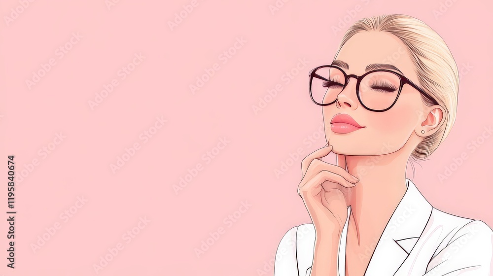 Modern conceptual illustration of a thoughtful woman in glasses against a soft pink background embodying sophistication intellect and minimalistic design with vibrant aesthetic details Modern conceptual illustration of a thoughtful woman in glasses against a soft pink background embodying sophistication intellect and minimalistic design with vibrant aesthetic details
