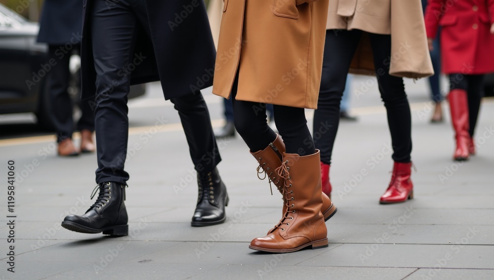 A walk with a family featuring stylish coat-footwear for each member A walk with a family featuring stylish coat-footwear for each member