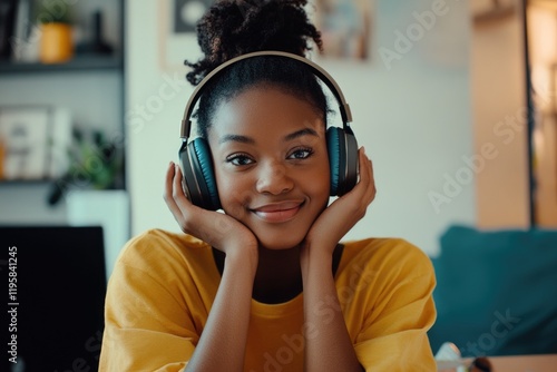 A woman with headphones enjoying music and focusing on her personal space.