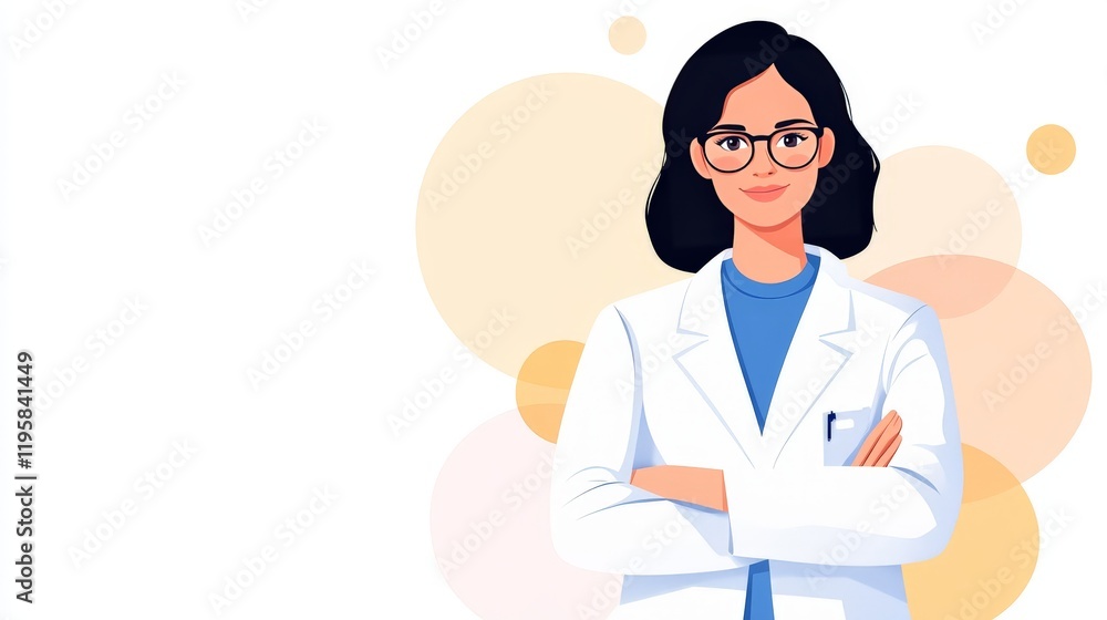 Fototapeta premium Confident female scientist standing in laboratory with crossed arms and a calm expression surrounded by abstract circular accents symbolizing innovation and progress