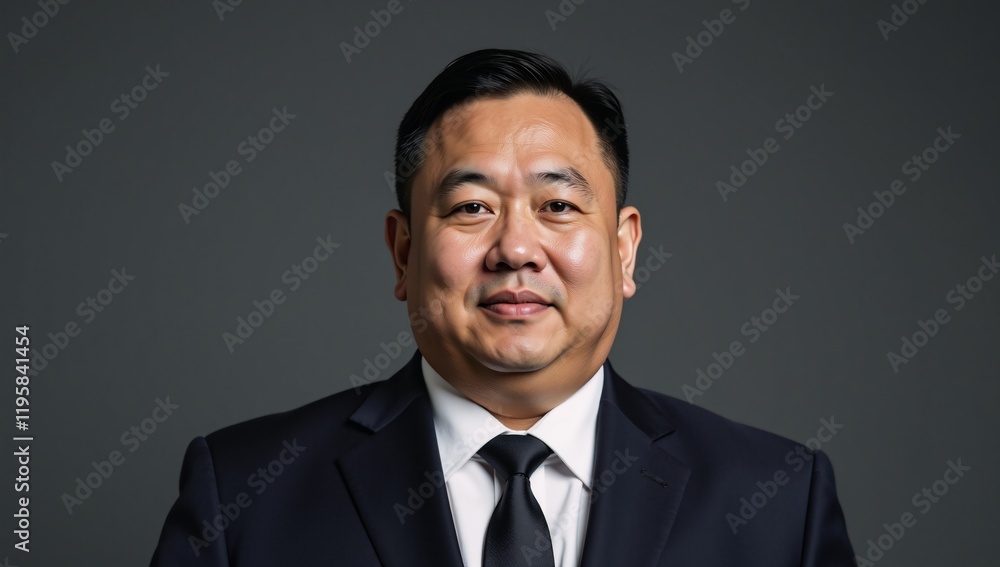 Asian overweight man late 40s security guard with an alert expression wearing a solid grey uniform against a plain background Asian overweight man late 40s security guard with an alert expression wearing a solid grey uniform against a plain background