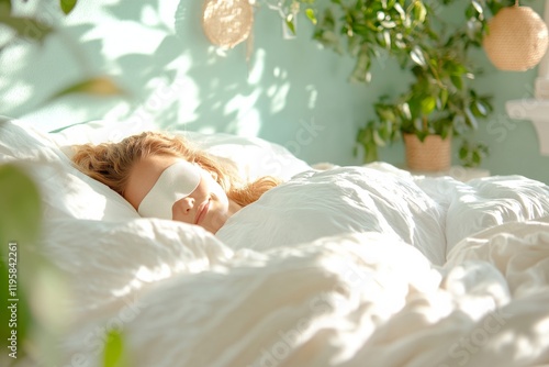 A woman peacefully sleeping, wearing a soft silk sleep mask. Generative AI photo