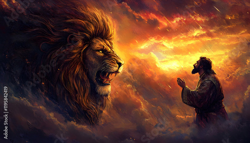 Lion of Judah, exuding strength and power. Christian conceptual illustration, lion in the sunset.