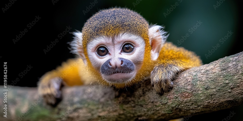 A curious monkey with bright eyes peers from a tree branch, evoking a sense of playfulness and innocence in the lush jungle. A curious monkey with bright eyes peers from a tree branch, evoking a sense of playfulness and innocence in the lush jungle.