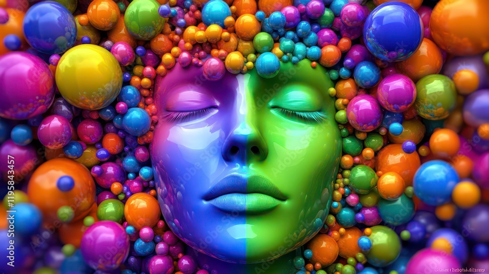Serene face, half blue, half green, surrounded by colorful spheres. Serene face, half blue, half green, surrounded by colorful spheres.