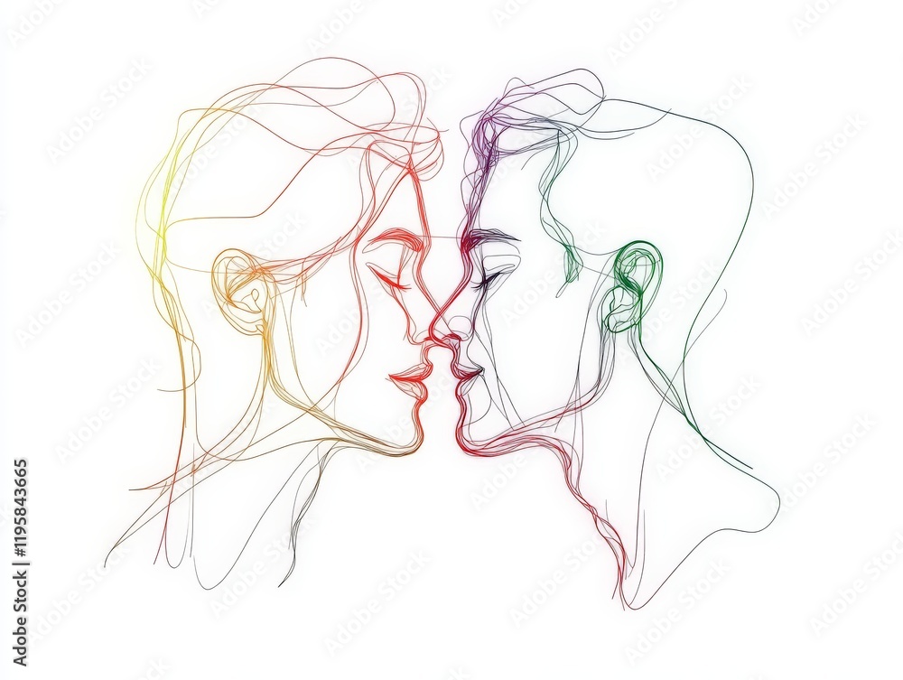 Fototapeta premium Abstract rainbow colored line art of a couple gazing at each other symbolizing inclusivity emotional connection and modern minimalist creativity