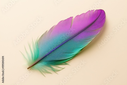 Colorful bird feather on beige background with purple and teal color gradient, copy space for text. Animal aesthetics concept.