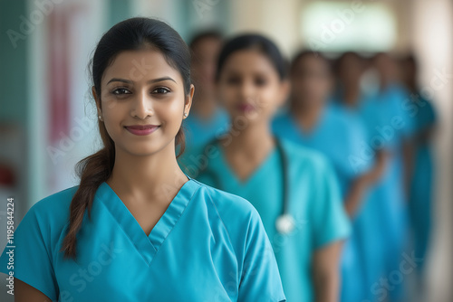 A group of women in blue scrubs are standing in a hallway