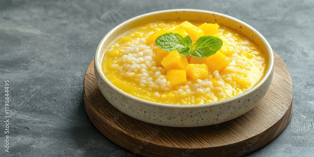 Close-up of a bowl of mango rice pudding, served with a sprig of fresh mint. Close-up of a bowl of mango rice pudding, served with a sprig of fresh mint.