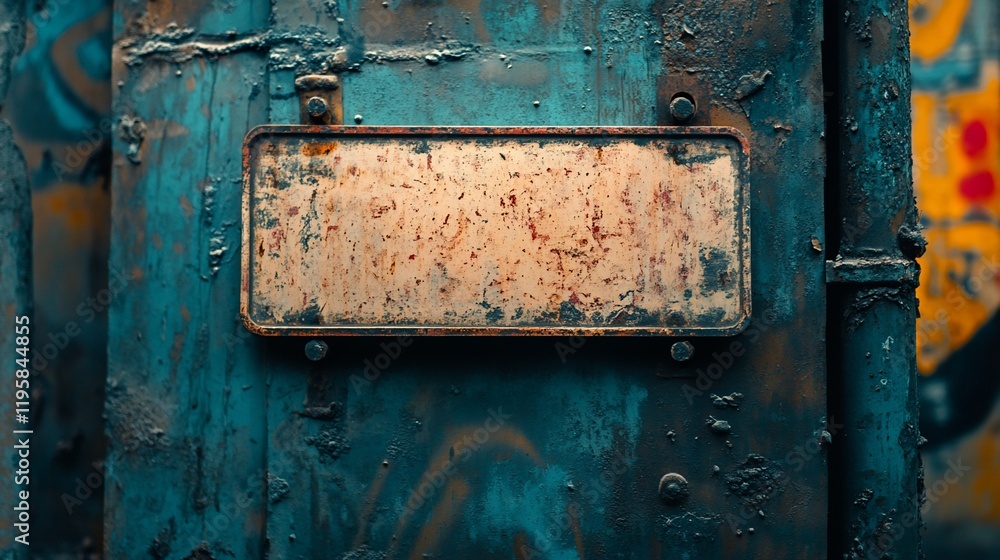 Naklejka premium Rusted license plate on weathered metal wall with graffiti background