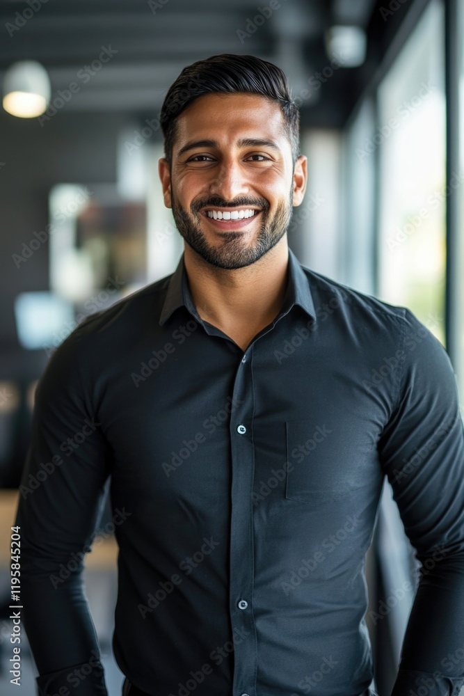 A smiling young man in business attire, standing confidently in a modern office environment. A smiling young man in business attire, standing confidently in a modern office environment.