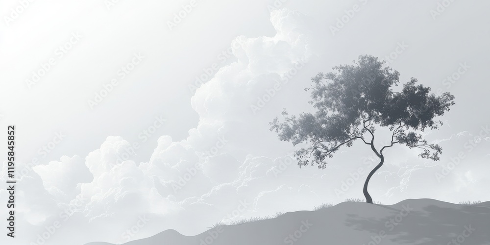 Fototapeta premium A lone tree stands prominently on a gentle hillside, set against a backdrop of soft, billowing clouds in a tranquil afternoon sky
