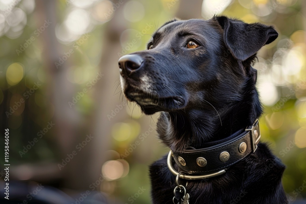 Obraz premium Black labrador dog wearing studded collar looking up with curiosity in a blurred park background
