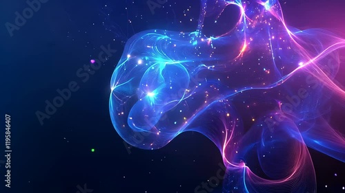 Video with digital abstract background with glowing blue and purple connections forms the shape of an AI brain on a dark gradient, ideal for tech presentations and social network banners.