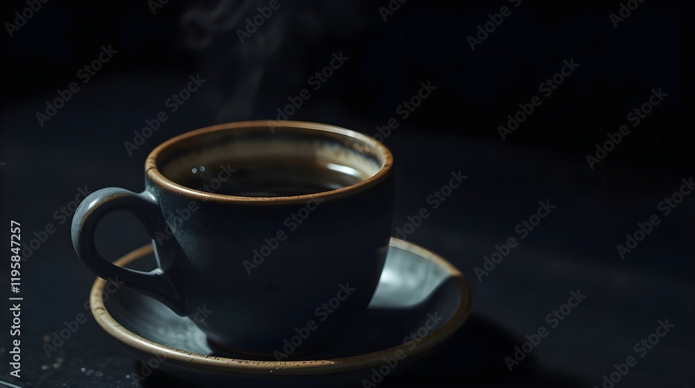 Close-up of a rustic ceramic cup with hot coffee or tea, large space for copy Close-up of a rustic ceramic cup with hot coffee or tea, large space for copy