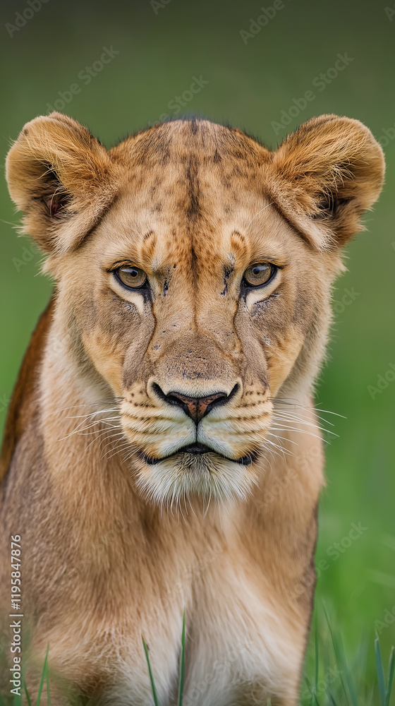 Portrait of lioness resting in green meadow, observing surroundings