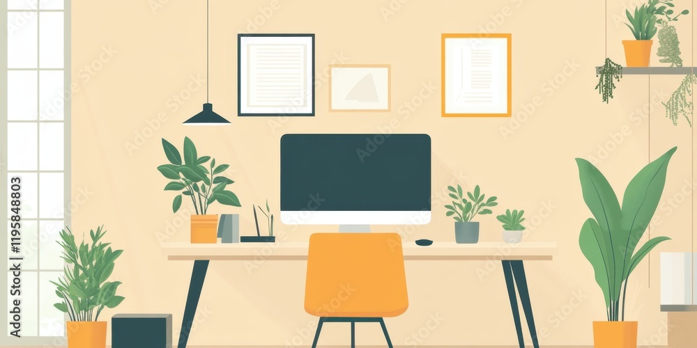 A sleek desk setup in a well-lit room features a computer, stylish chair, and various green plants contributing to a calming atmosphere A sleek desk setup in a well-lit room features a computer, stylish chair, and various green plants contributing to a calming atmosphere