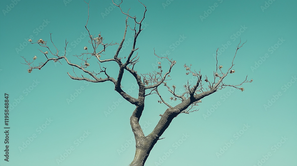 Bare tree branches reaching for the teal sky