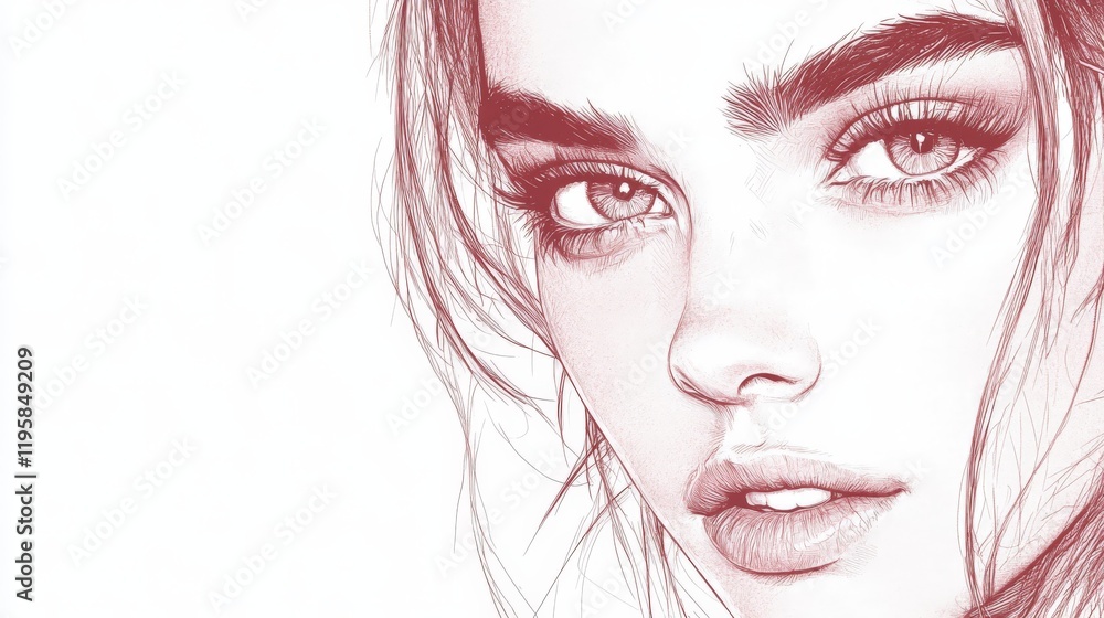 Artistic pencil sketch of a confident young woman with piercing eyes and textured details showcasing expressive features and modern abstract style Artistic pencil sketch of a confident young woman with piercing eyes and textured details showcasing expressive features and modern abstract style